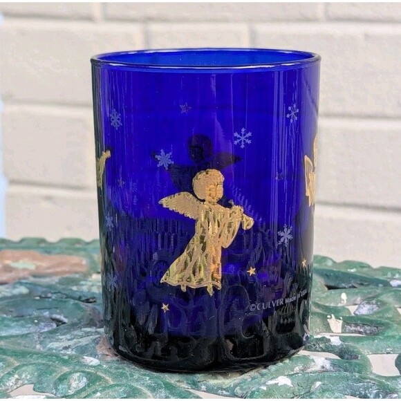 Culver Cobalt Blue Glass  with 22k Gold Cherubs Stars Vintage Retro Celestial - Picture 4 of 7